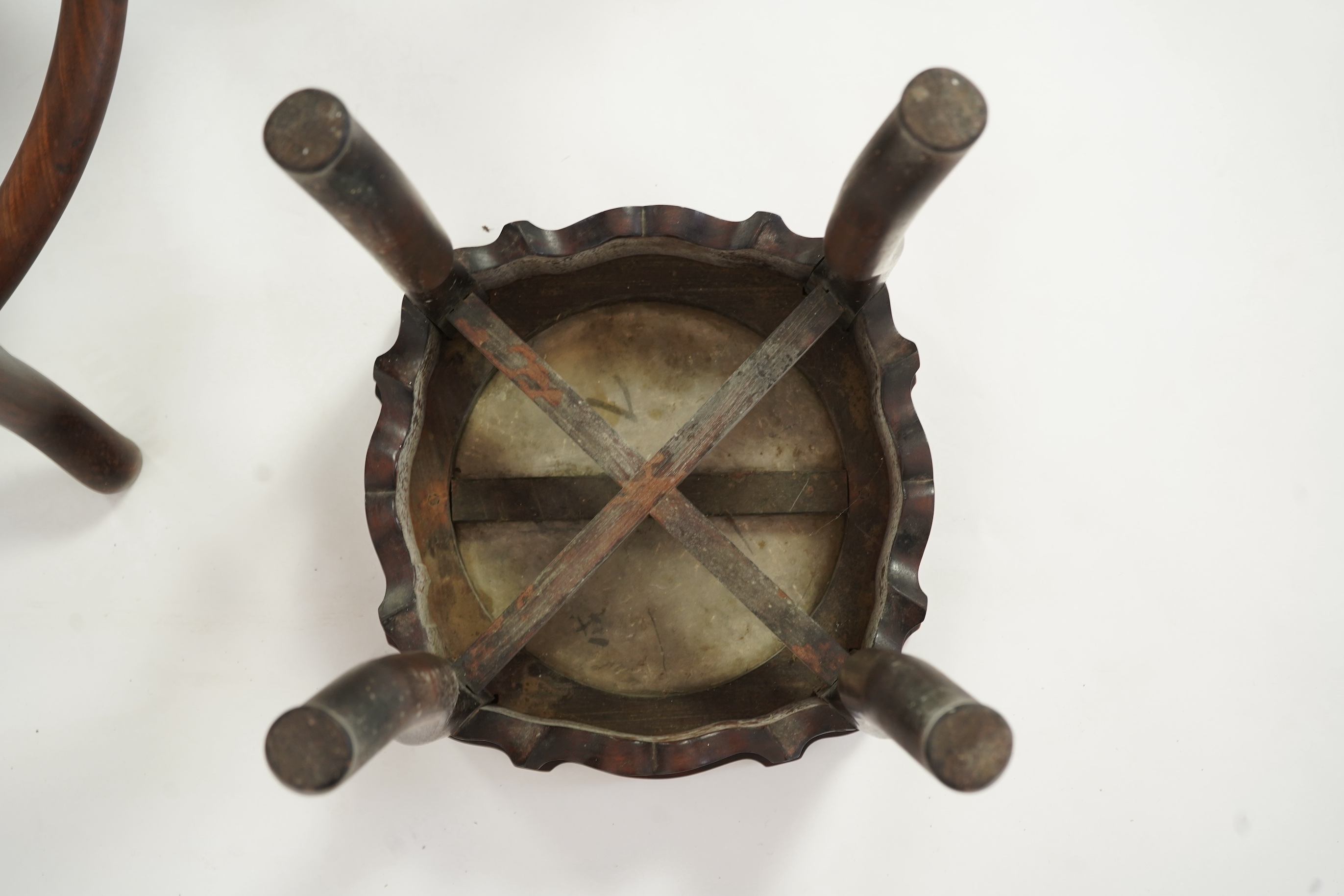 A Chinese dreamstone marble inset hongmu table and four matching stools